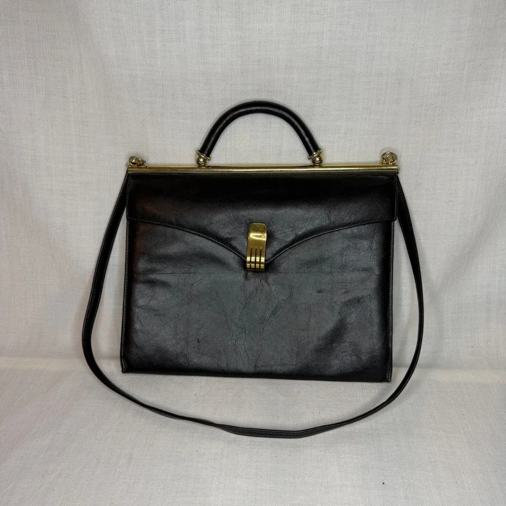Vintage Black Leather Frame Handbag Gold Hardware Top Handle Shoulder Bag